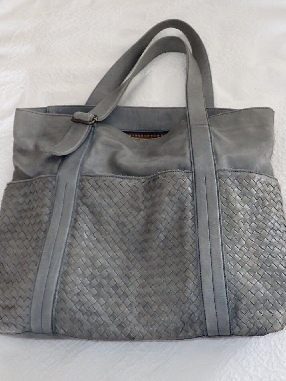 Valentina dusty blue grey heavy leather woven tote